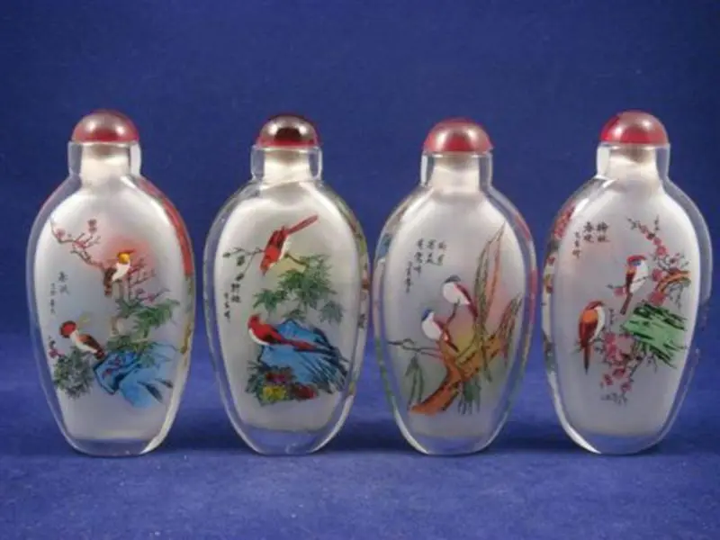 SET OF 4 CHINESE INSIDE REVERSE HAND PAINTED BIRDS & FLOWERS SNUFF BOTTLES