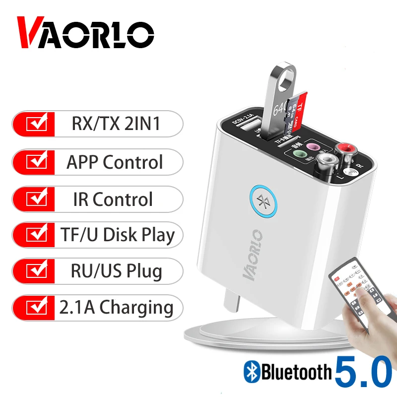 VAORLO EU US Wireless Adapter Bluetooth 5.0 Receiver Transmitter TF/U Disk Play QC2.0 Charge For Headphone TV IR APP Control