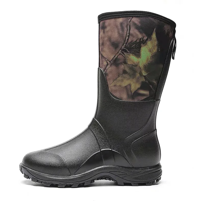 Camouflage Neoprene Short High Rubber Waterproof Rainshoes Warm Soft Outdoor Fishing Hunt Boots with Maple Handle Rubber Wellies