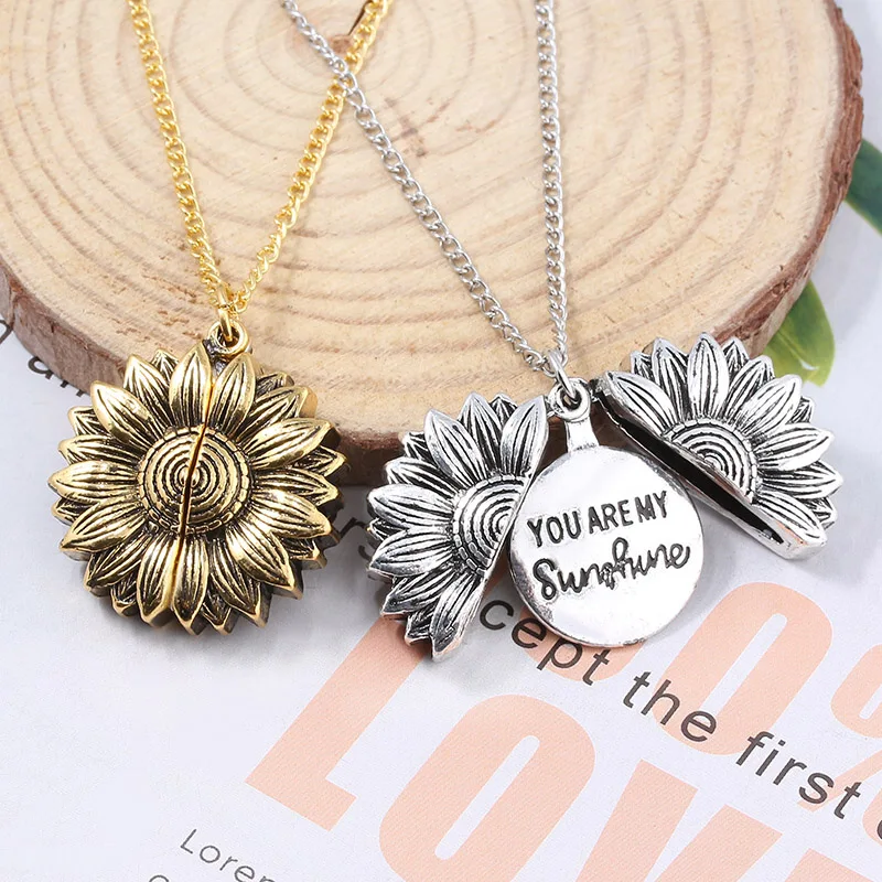 Sunflower Woman Necklace You are my sunshine Open Locket Double-layer Engraved Letter Pendant Necklace Jewelry