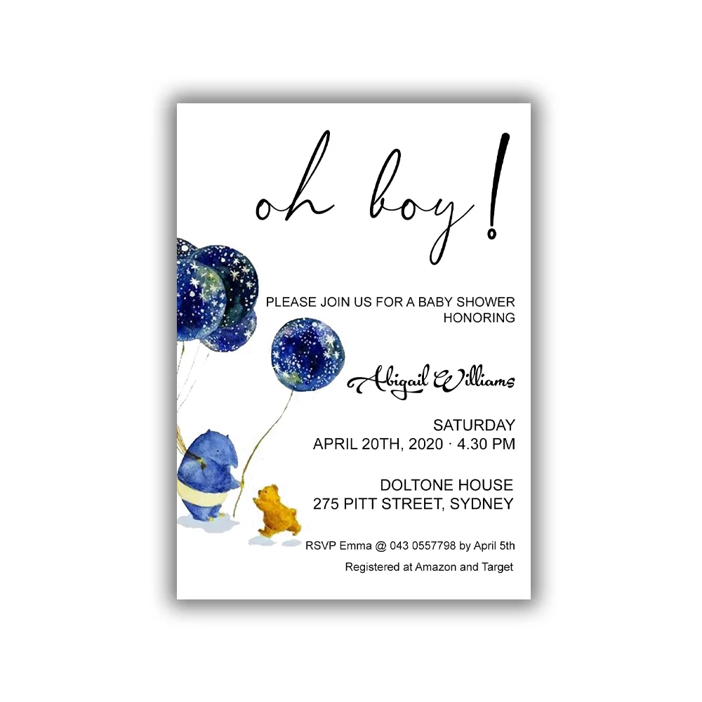 

Baby Shower Invitation Card, Navy Blue Glitter Balloons, Oh Boy Invite Card