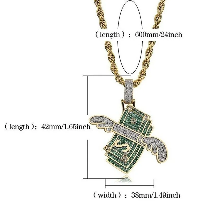 Hip Hop Cartoon Zircon Angel Wings Dollar Pendant Necklace for Men and Women Rock Hip Hop Rap Jewelry Gift