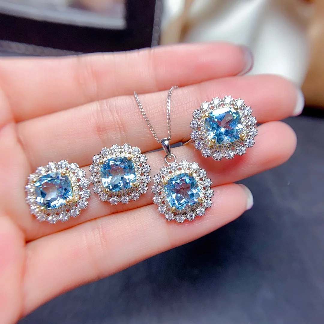 Seven-Colors Charm Purple Crystal Silver Color Jewelry set for Women Blue Crystal Zircon Stone Earring Necklace Pendant Ring