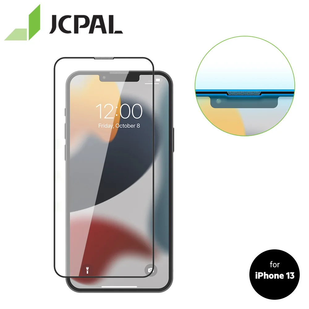 New JCPAL Speaker Dust Cover Tempered Glass Ultra Clear Screen Protector Anti-Glare Full Cover Edge for iPhone 13 Pro Max mini