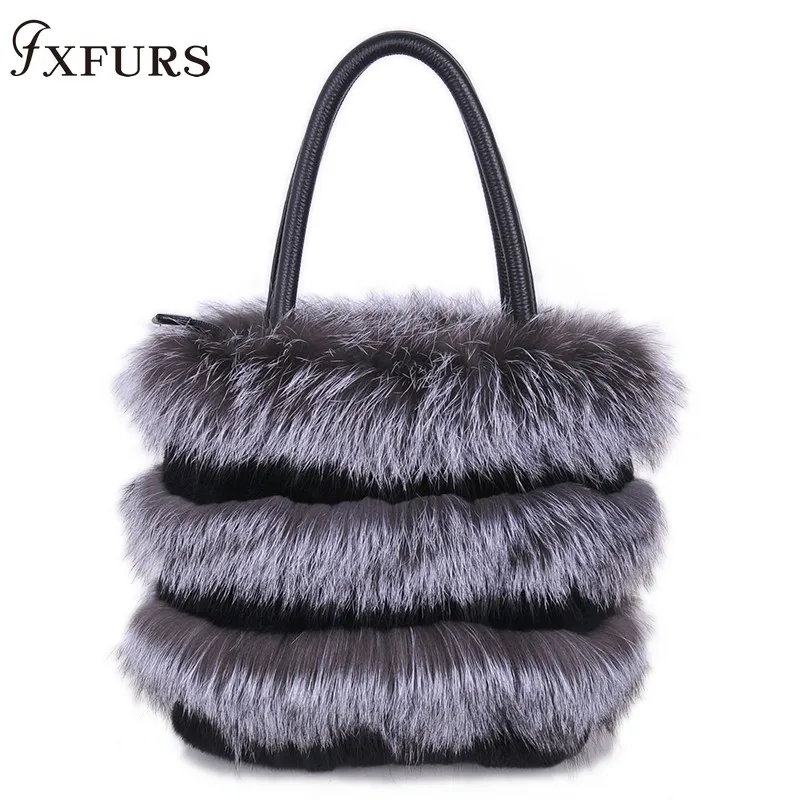 

Real Fox Fur Hair Hand Bag Famous Brand Designer Women Tote Bag Natural Genuine Leather Ladies Handbag Picotin Lock Bucket Bag