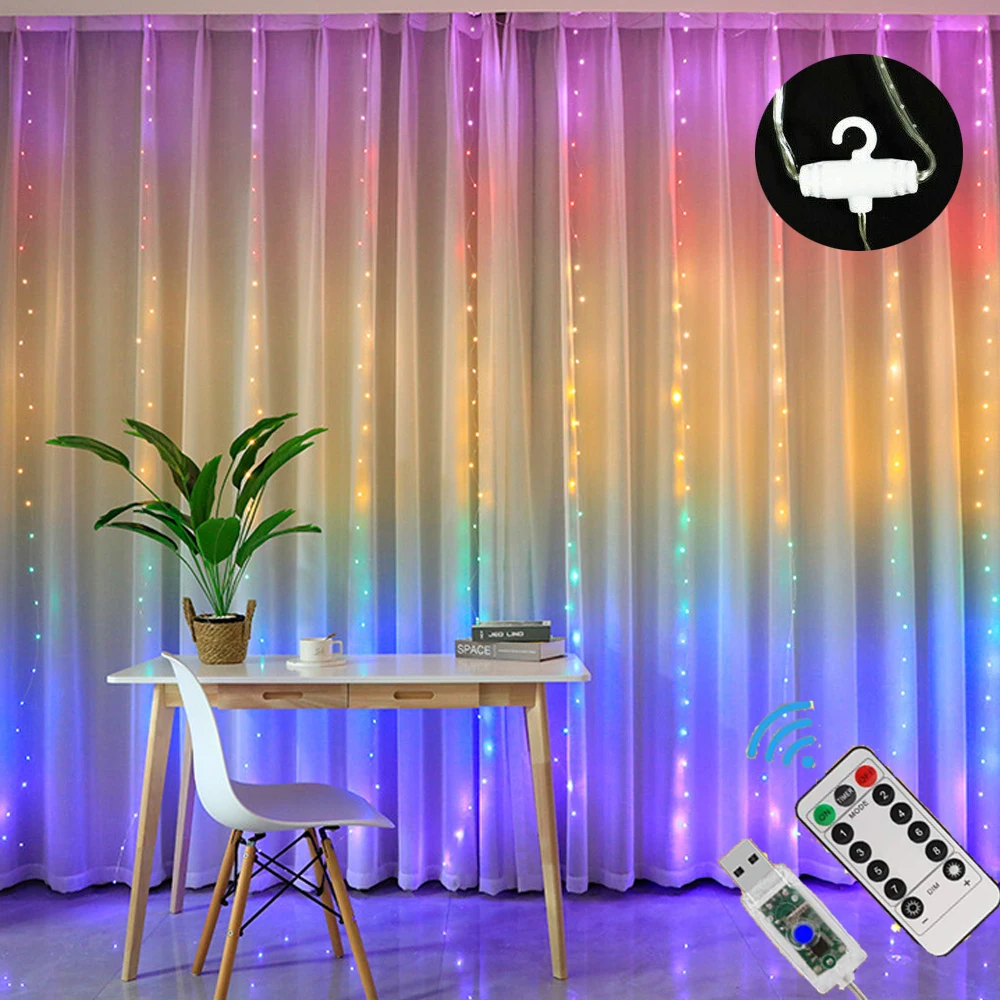 Music Control Rainbow LED Curtain Fairy String Light, USB Garland Lamp, Remote Control for Christmas Party, Home Window Decor