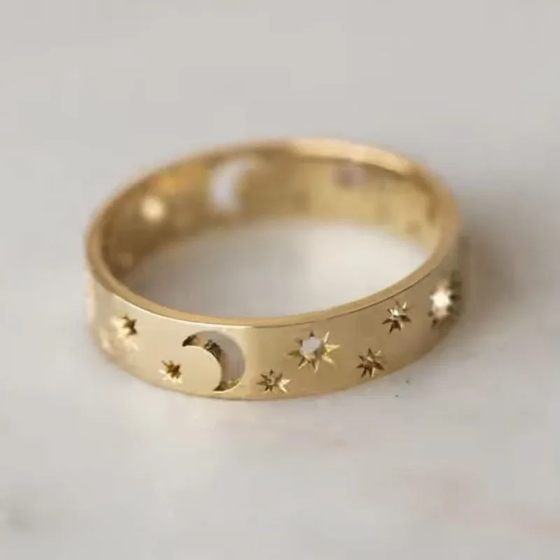 Moon and stars band rings for women gold cut out plain pinky rings stackable minimalist size 5 women jewelry cheap wholesale2021