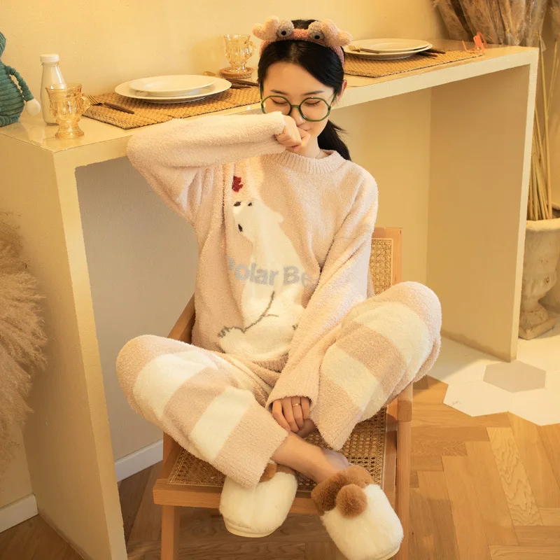 ญี่ปุ่นหมี Kawaii ชุดนอน O-Neck Pullover แขนยาวและกางเกงลาย Homewear ฤดูหนาว Warm หนาผู้หญิงชุดนอน