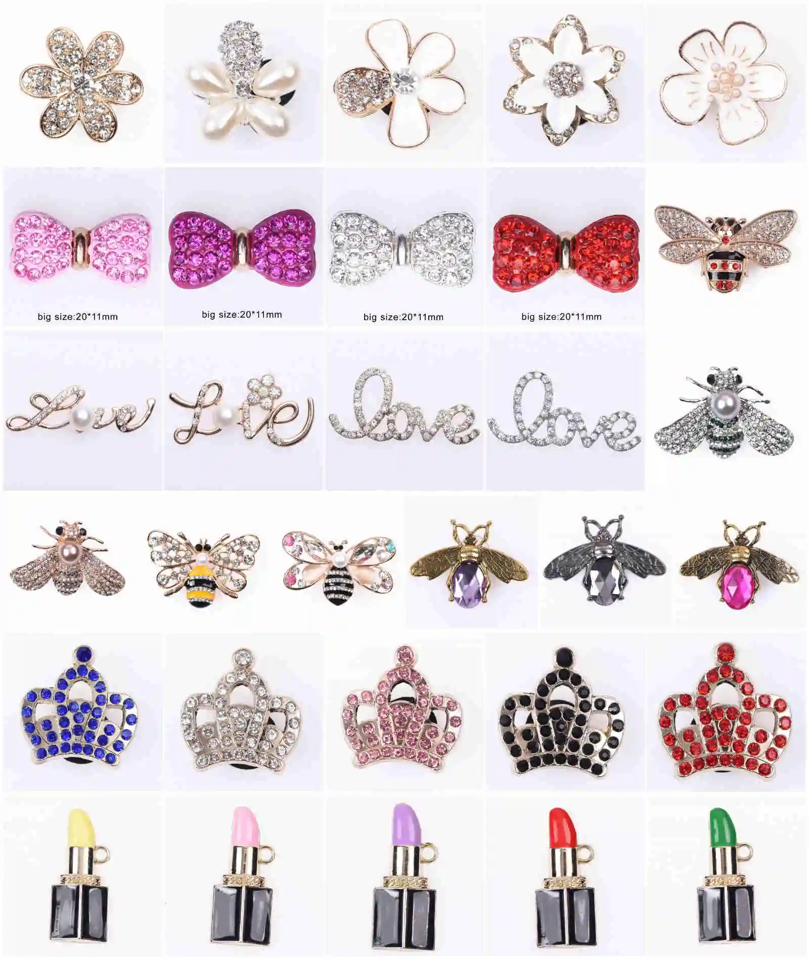 Bling Metal Rhinestone Shoe Charms Crown Love Lipstick Bee Butterfly Shoe Decorations Girl's Women Shinny Accessories