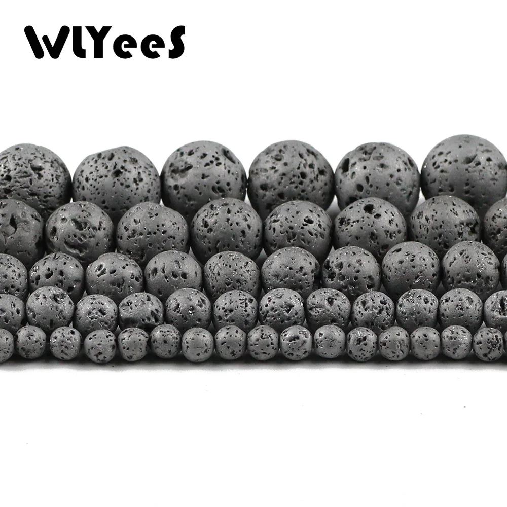 WLYeeS Silver Plated Volcanic Lava Loose Beads Round 4 6 8 10 12mm Natural Stone For Jewelry Making DIY Bracelet Necklace 15\'\'