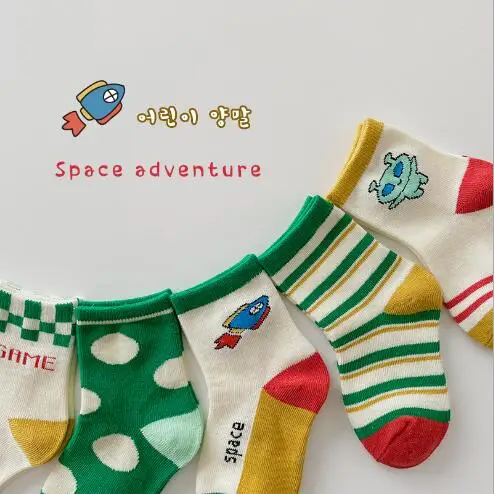 5Pairs/lot 1-12 Year 2021 spring and autumn thin cartoon space rocket baby kids children boy socks