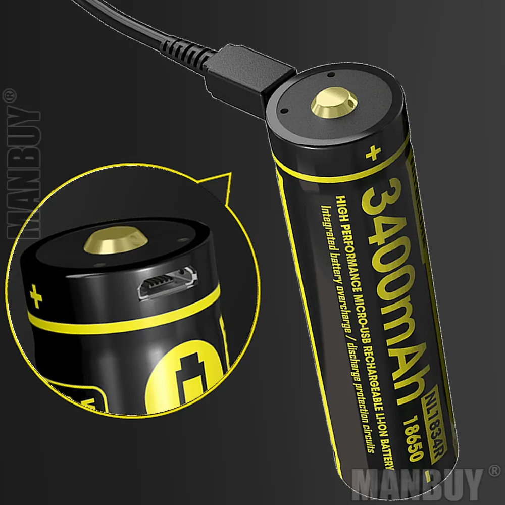 NITECORE NL1834R 3400mAh High Performance Micro-USB Rechargeable Li-ion Battery 12.24Wh 3.6V Button Top 18650 Protected