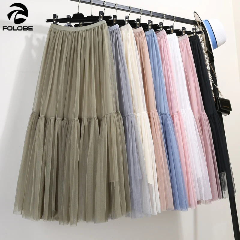 Vintage Tulle Skirt Women Elastic High Waist Mesh Skirts Long Pleated Tutu Skirt Female Long Pleated Skirts Womens Jupes Falda