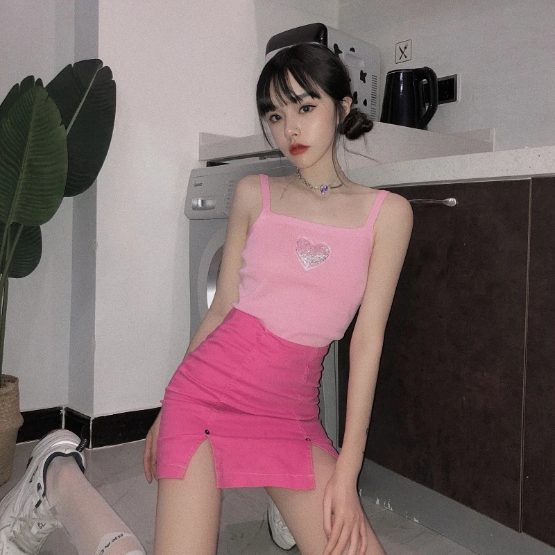 Korean Summer New Harajuku Style Casual Vest Vintage Heart-shaped Design Student Top Sleeveless Sexy Pink Short Vest