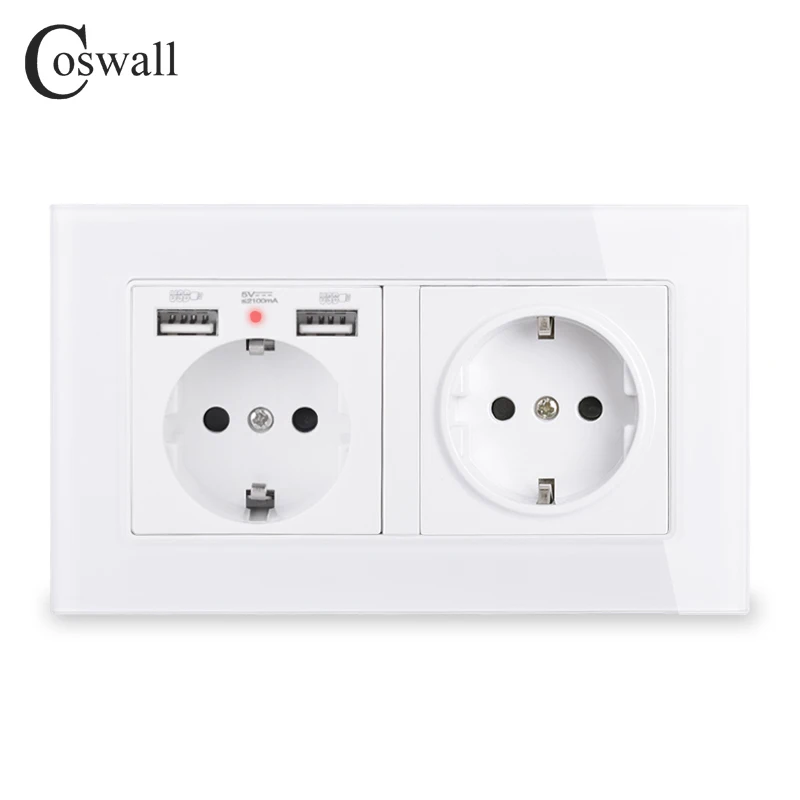 COSWALL Brand 2 Gang Russia Spain EU Standard Wall Socket With 2 USB Charge Port Hidden Soft LED Indicator Crystal Glass Panel