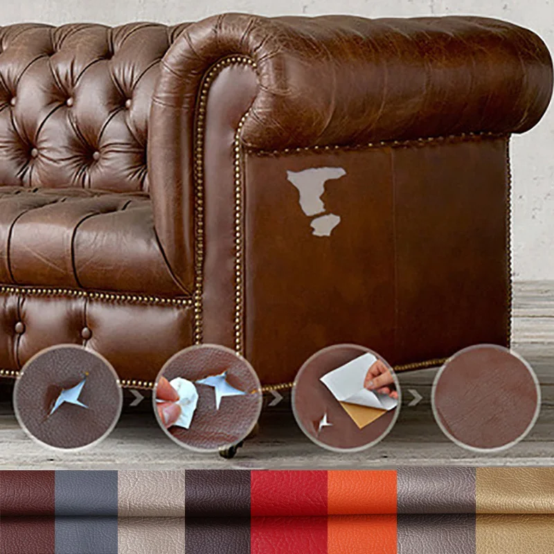 ขนาดใหญ่ PU หนัง Litchi รูปแบบ Self-Adhesive Stick โซฟาซ่อมจำลองผิวด้านหลังเหนียวยาง Patch โซฟาผ้า