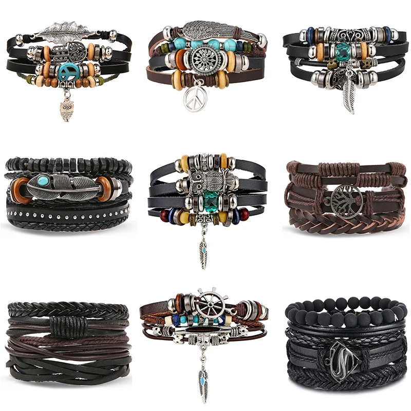 Boho Men Bracelet Gift Vintage Multiple Layers Leather Bracelet Rope Chain Wrap Bracelet Set Charms Owl Bangles For Men Jewelry