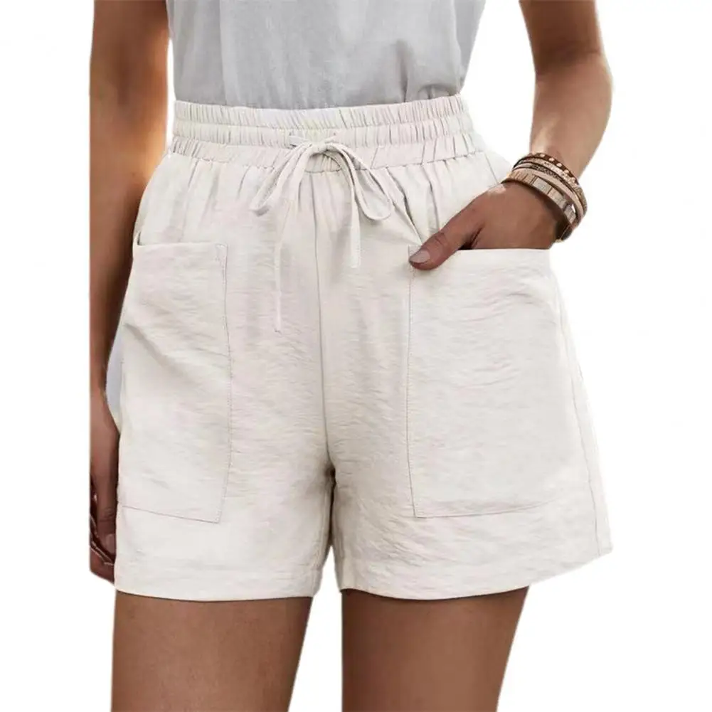 Women Shorts High Waist Cotton Flax two big pockets Bottoms drawstring shorts Elastic Waist Loose pantalones cortos de mujer