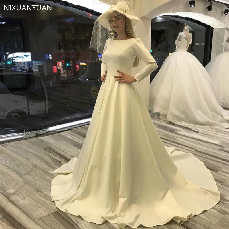 Vestidos De Novia De satén con manga larga, vestidos De Novia De color blanco marfil, línea A, tren, 2023