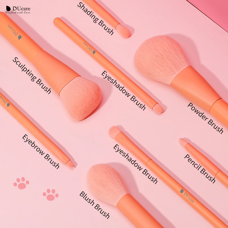 DUcare 8PCS Orange Makeup Brush Set with Bag Beauty Make up Brushes Powder Blush Brushes for Makeup Cosmetic Tools Make up Set