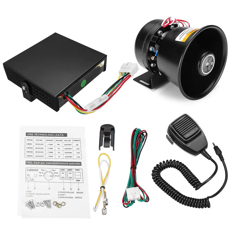 Horn Loud Car Polices Siren + Mic PA Speaker 12V 400W 150dB 9 tones Alarm Warning/Recording Electronic Bell Volume Adjustable