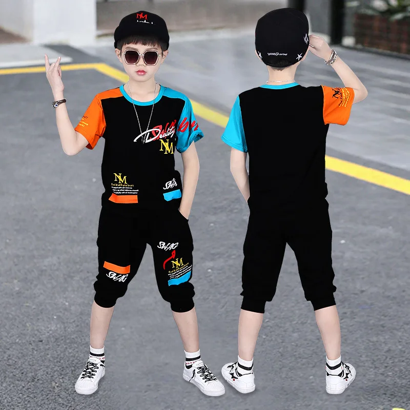 2024 Summer teenager Boys Sports Suit Letter T Shirt + hip hop shorts Pants Kids Clothes Tracksuit 4 5 6 7 8 9 10 11 12 Years