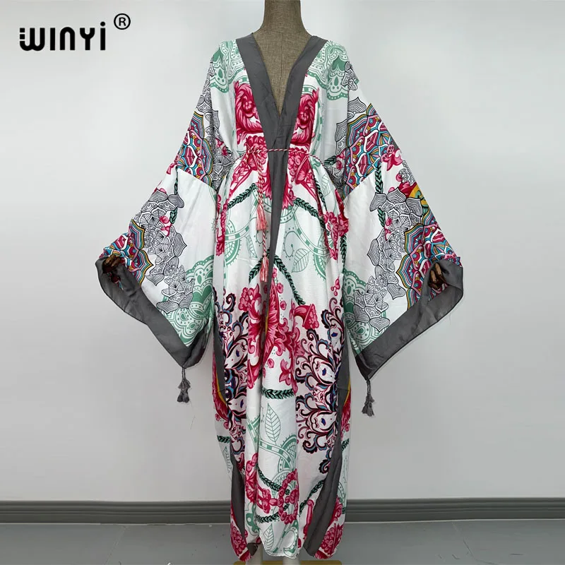 WINYI-Vestido largo bohemio de manga larga para mujer, traje elegante con estampado de Cachemira, cinturón, dobladillo grande, para playa, 2021