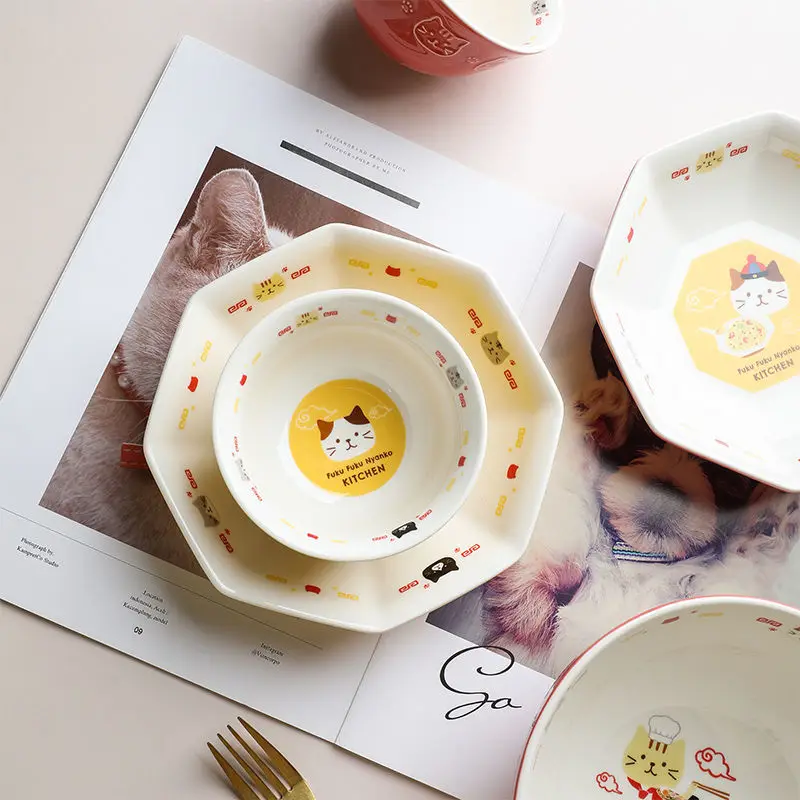 Japanese Style Cute Embossed Cat Dishware Set Home Creative Rice Bowl Noodle Bowls Combination of Dishes and Plates Tableware