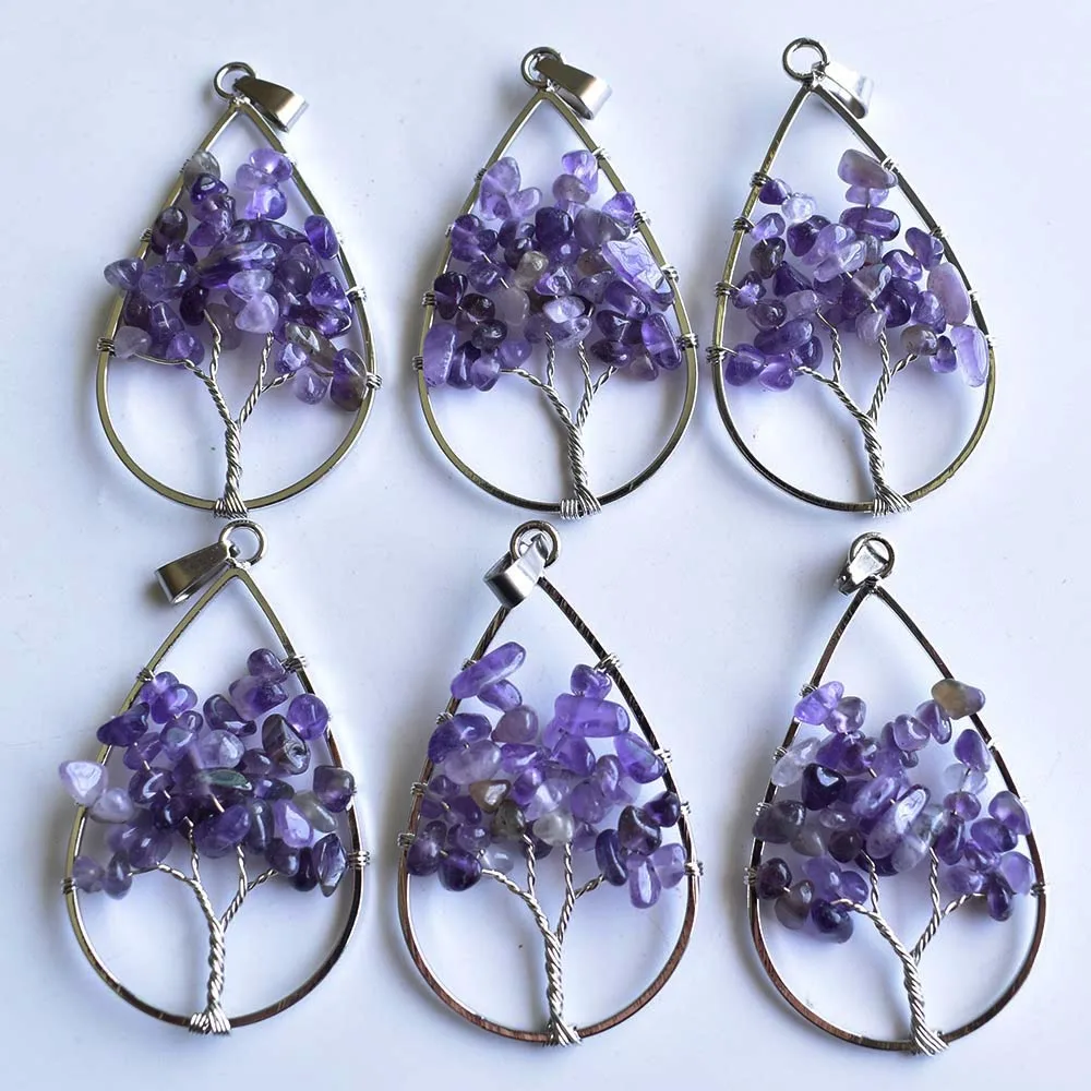 

Wholesale 12pcs/lot natural purple crystal tree of life handmade wire wrapped drop shape Pendants for jewelry marking free