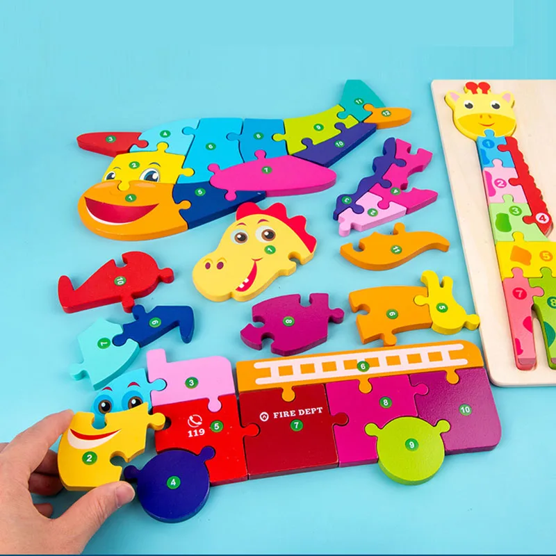 ديناصور خشبي ثلاثية الأبعاد لغز الحيوانات مونتيسوري الزرافة عدد الأسماك بانوراما الأطفال ألعاب تعليمية مضحكة #4