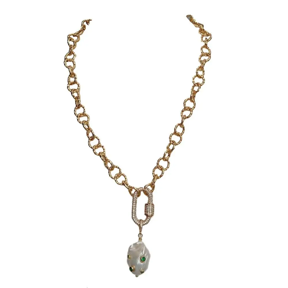Y·YING natural Cultured White Keshi Pearl Green Cz Pave Gold color Plated Chain Necklace 18