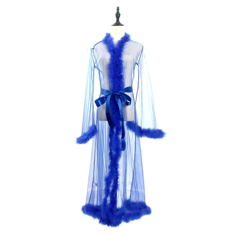 Sexy Feather Robe Mesh Sheer See Through Sleepwear Robe Long Sleeve Night Gown Erotic Women Sexy Lingerie