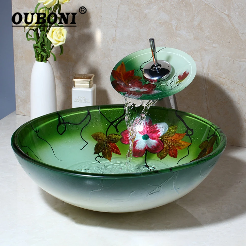 OUBONI Tempered Glass Basin Sink Washbasin Faucet Set Counter top Washroom Basin Vessel Vanity sink& bathroom facuet