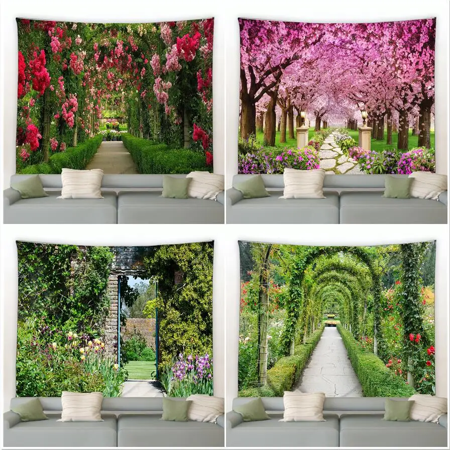 Spring Forest Floral Tapestry Rural Flowers Pink Red Garden Wall Hanging Decor Natural Landscape Home Living Room Tapestries Rug