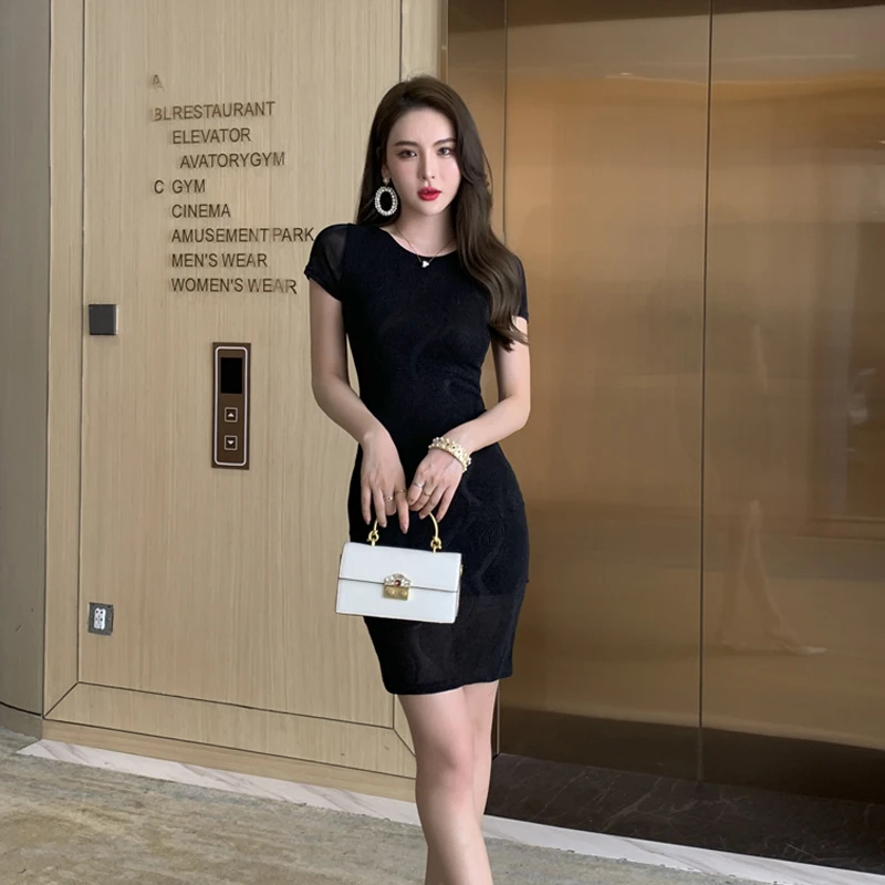 

2021 Summer new fashion tulle bag hip dress short sleeve O-neck black women's office ladies bandage sexy party dress Vestidos