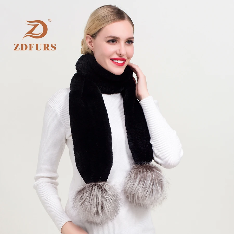 ZDFURS* 2018 NEW Popular Women's Real Fur Scarf Natural Rex Rabbit Fur Scarves longThick Warm Winter  Silver Fox Fur Ball