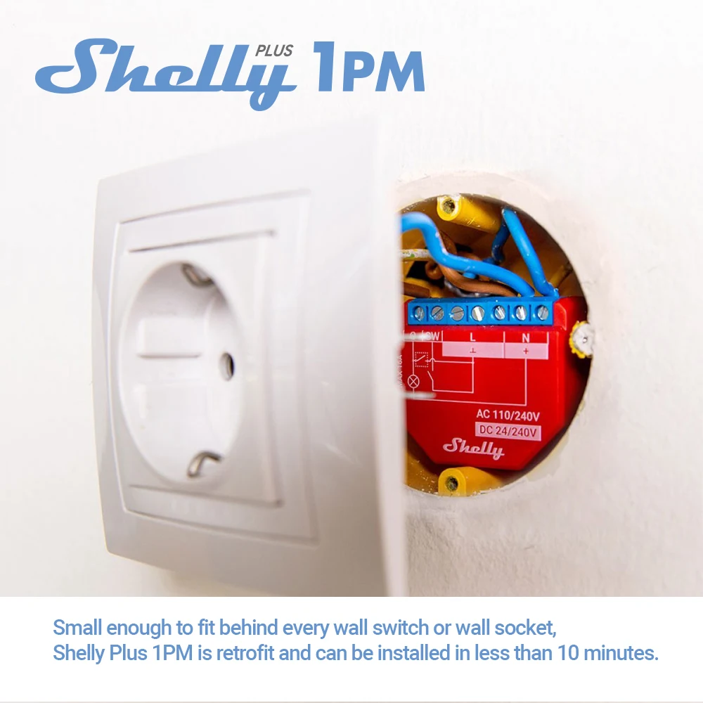 Shelly Plus 1PM Smart Home Life Relè WiFi Interruttore Controllo e misurazione della gamma di consumo energetico di apparecchi Attrezzature per ufficio