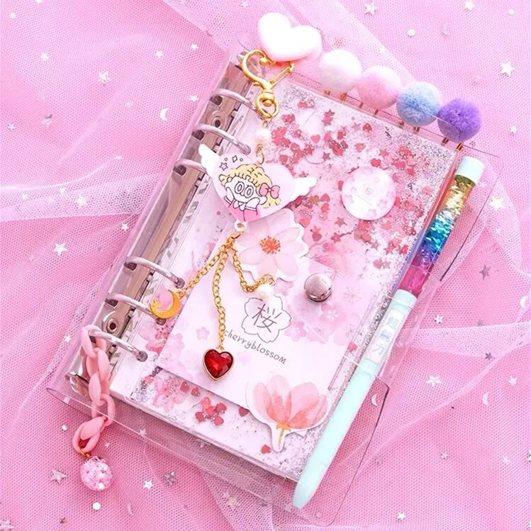 Sharkbang-Cuaderno de hojas sueltas Kawaii Bling, Blossoms de cerezo A6, diario, notas, Agenda, planificador, 160 hojas