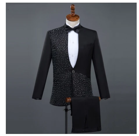 black white Shining Diamond suit (Jacket+Pants) Formal male suits 2 piece sets host singer dancer Master for Wedding costumes