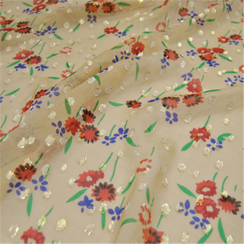 

Hot Sale Small Floral Design Hot Sale Popular Soft Feeling Silk Metallic Lurex Fabric with High Quality Material for Cloth