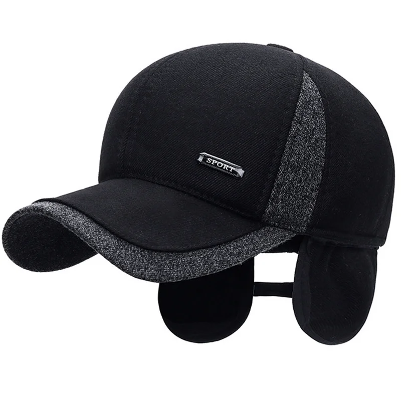 

New Warm Mens Winter Wool Baseball Cap Ear Flaps Brand Snapback Hats Thicken Cotton Fitted Cap Gorra Hombre Trucker Cap