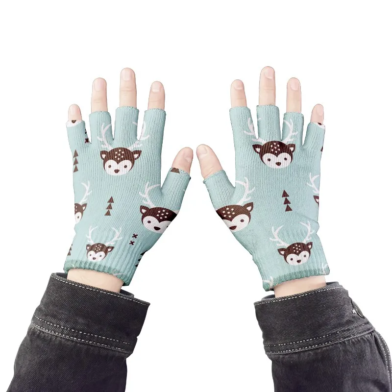 Kawaii 3D Cartoon Animal Print Knitted Half-Finger Gloves Cute Women\'s Fingerless Gloves Cycling Touch Screen Unisex Gloves