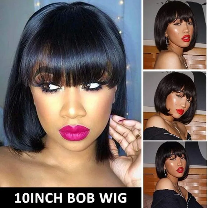 Short Bob Wig With Bangs100% Human Hair Wig With Bangs Straight Brazilian Hair Wig For Black Women Perruque Cheap Human Hair Wig