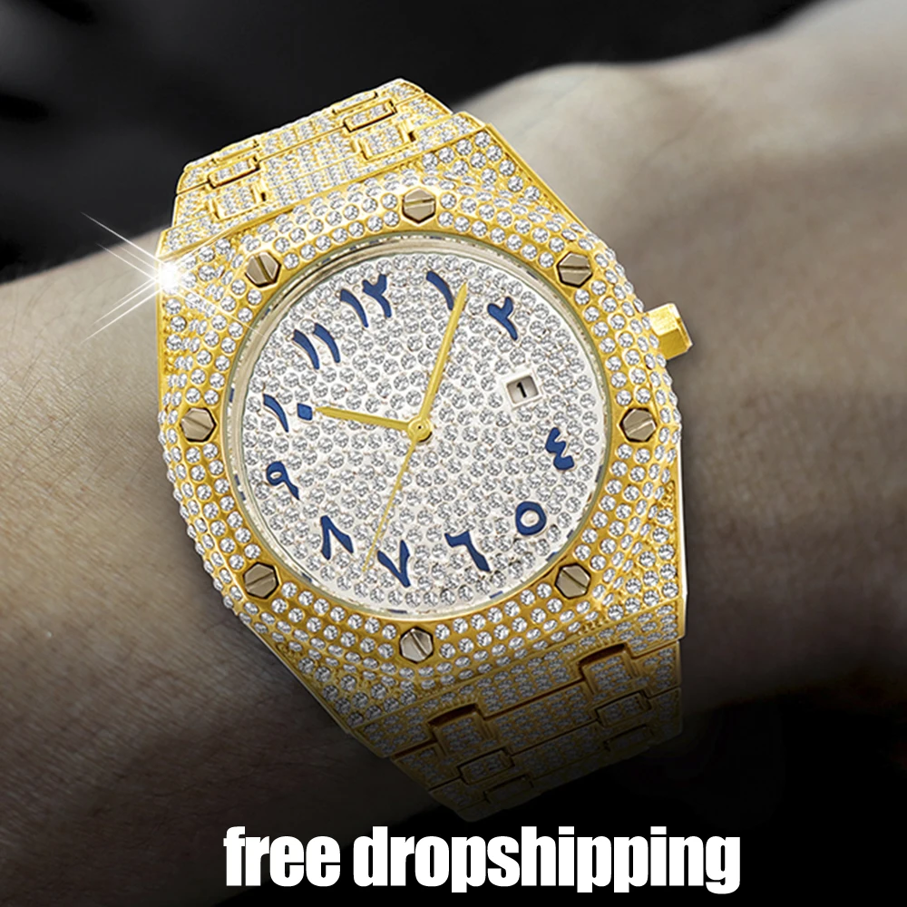 

Full Diamond Around Japan Quartz Watch for Men Iced Out Hip Hop Mens Watches Stainless Steel Waterproof Gold Relogio Masculino