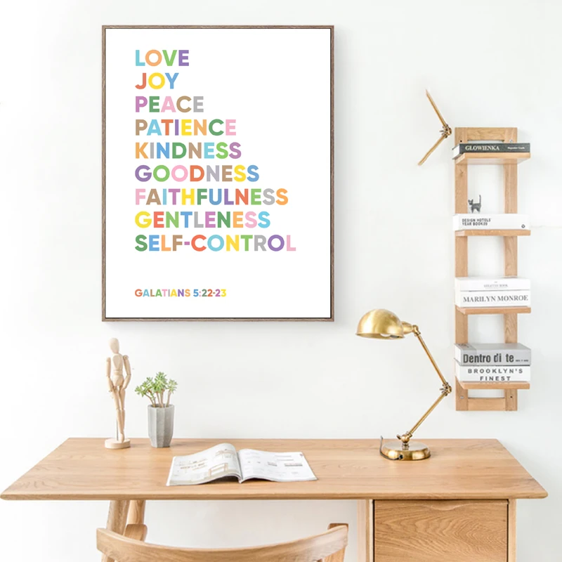 Fruta del espíritu cita inspiradora impresión vivero versículo de la Biblia niños cartel escritura cristiana cuadro sobre lienzo para pared Decoración
