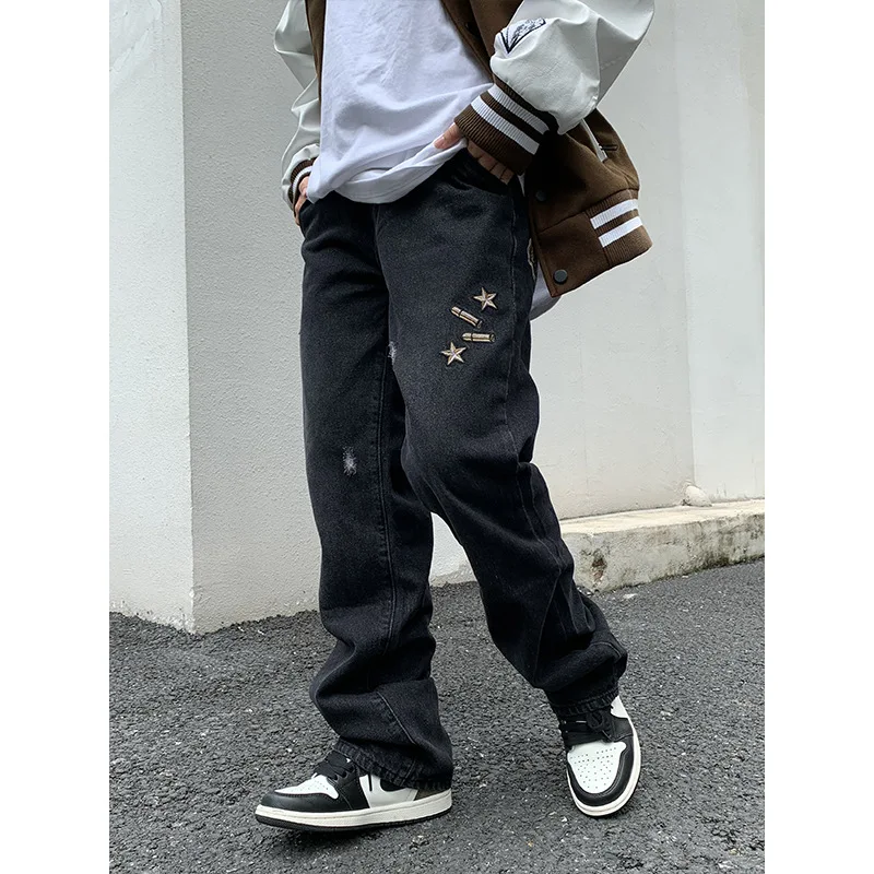 ICCLEK American Street Casual Pants Hip-hop Embroidery Pistol Jeans Men's Loose Straight High Waist Casual Trousers