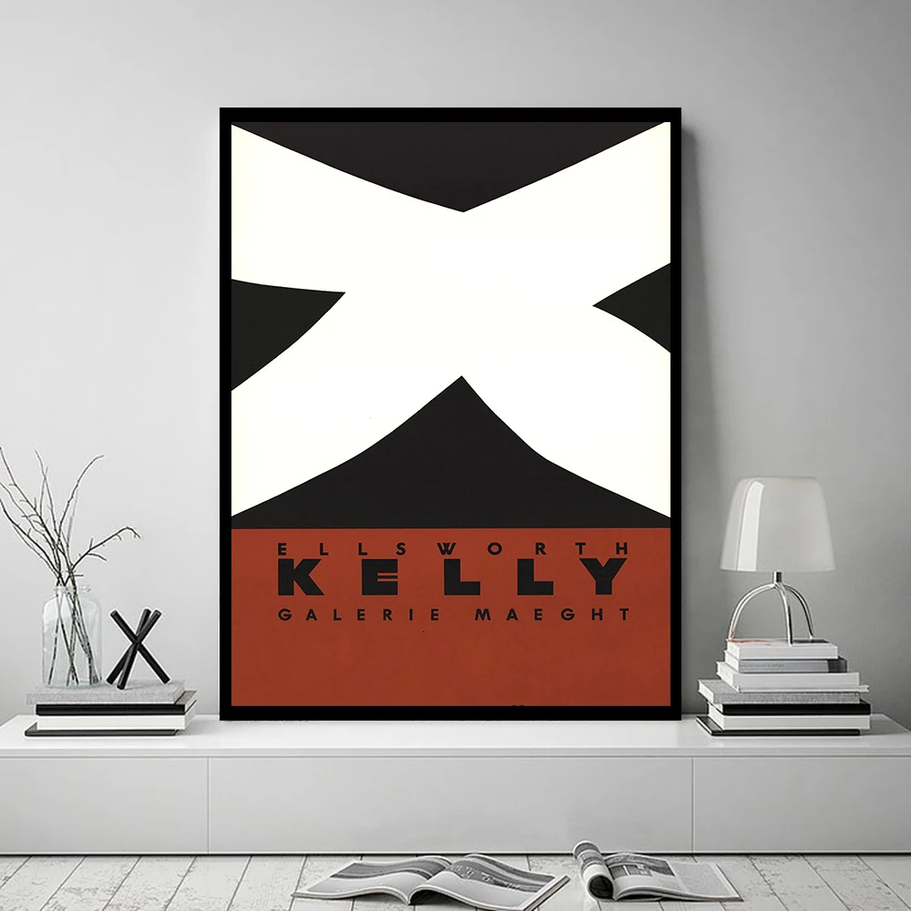 ملصقات فنية لمعرض علبة مخطط باللونين الأسود والأحمر والأصفر من Ellsworth Kelly، جدران تجريدية عتيقة مطبوعة آرت ديكو