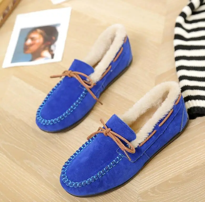 Winter Women Loafers Plush Slip on Flat Shoes Bow Woman shoes Flats Warm Loafer Wool Casual Shoes Fur Boat Shoes zapatos mujer