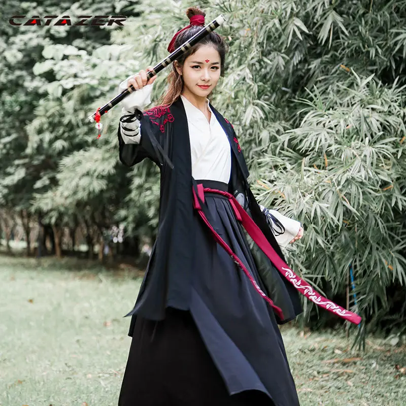 

Catazer Adult Ancient Traditional Cinese Hanfu Samurai Swordsman Party Cosplay Costume Retro Oriental Woman Men Kung Fu Uniform