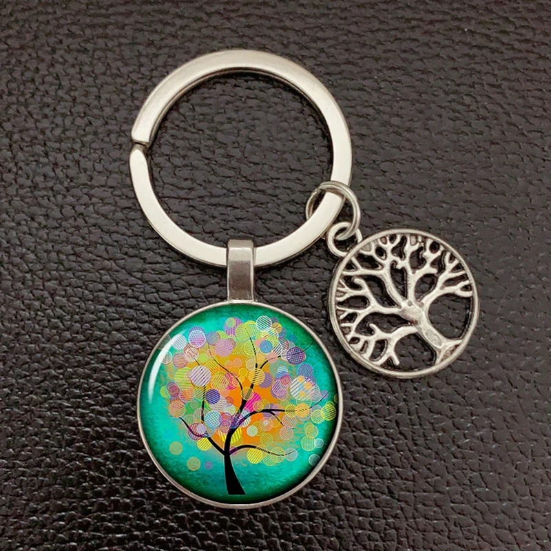 New Keychain Bird and Tree of Life Glass Convex Metal Key Ring Jewelry Daughter\'s Birthday Gift for Tree of Life